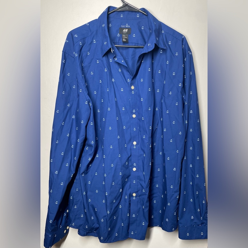 H&M Easy Iron BLUE Anchor Long Sleeve Button Down Summer Casual Light We…